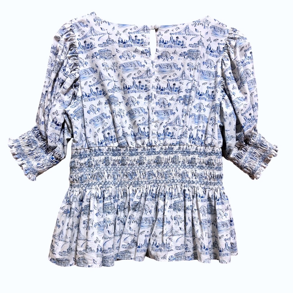 Dondolo XL Toile Top Blue White Smocked Puff Sleeve Cotton Cottage Ferris Travel - Picture 2 of 11